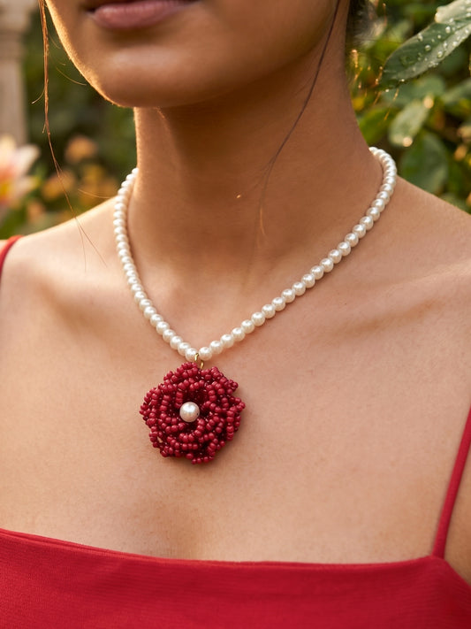 Crochet Deep Red 3D Rose Flower Handmade Beaded Necklace