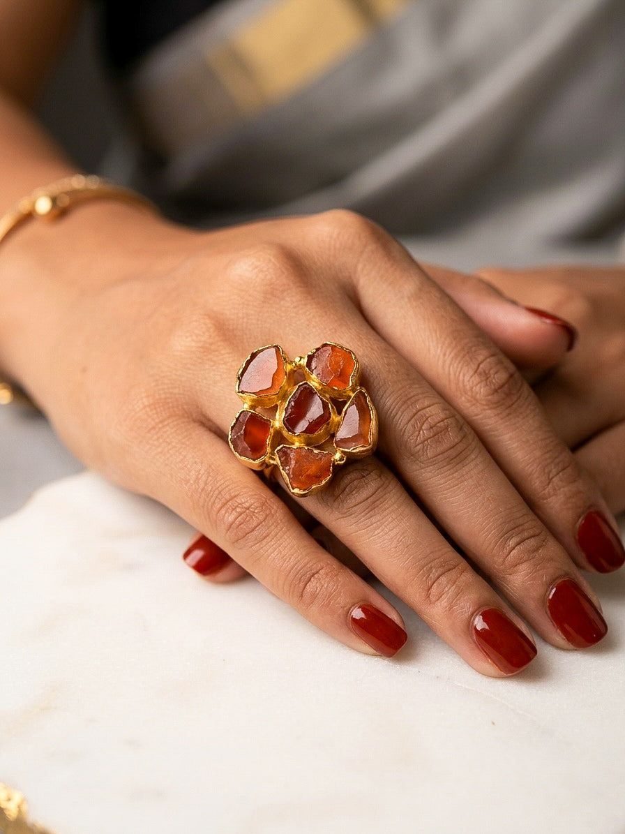 Agate Rust Orange Natural Stone Handmade Brass Ring