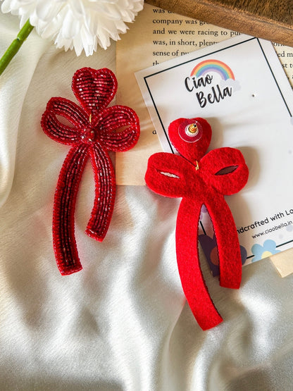 Glam Bow (Deep Red) Handmade Beaded Earrings