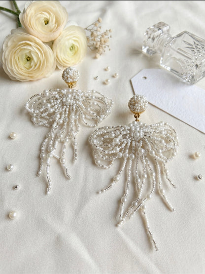 Pookie Bow (White) Handmade Beaded Earrings