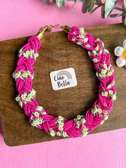 Luxe Flora Rose Pink Handmade Beaded Necklace + Earrings Set