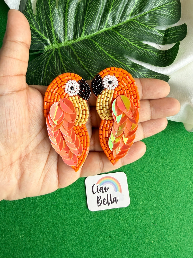 Orange Parrot Handmade Beaded Bird Earrings