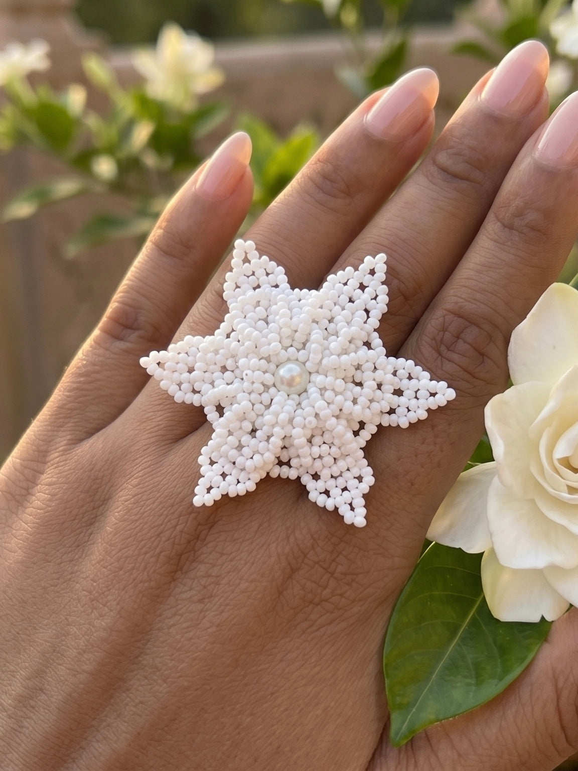Snow White Delicate Snowflake 3D Crochet Handmade Beaded Ring
