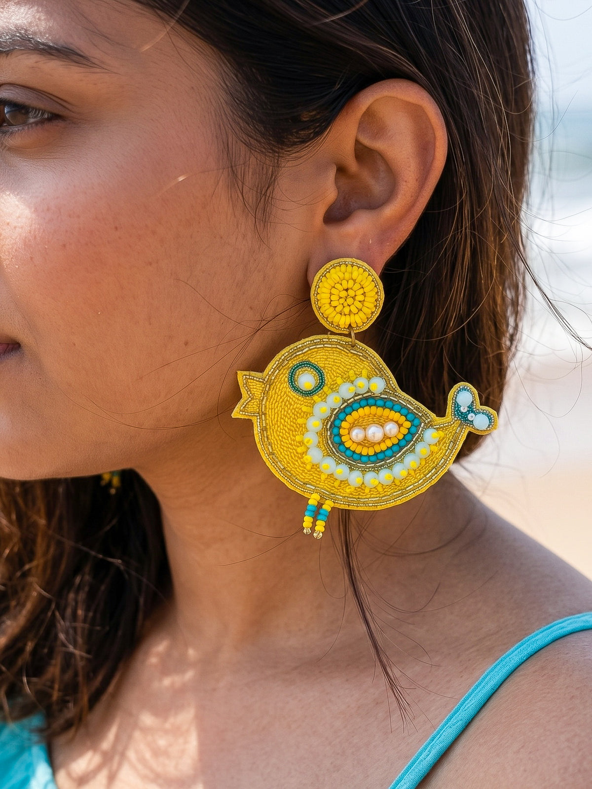 Chirpy Birdie Yellow Aqua Blue Handmade Beaded Earrings
