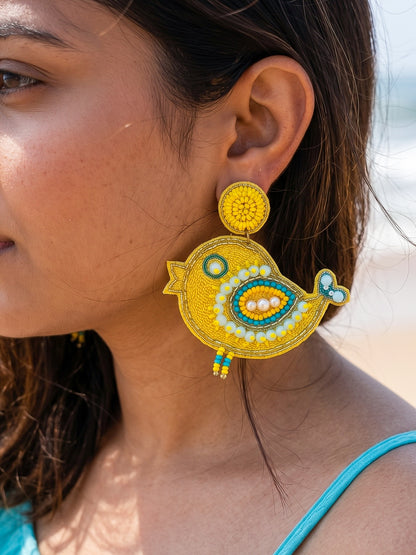 Chirpy Birdie Yellow Aqua Blue Handmade Beaded Earrings