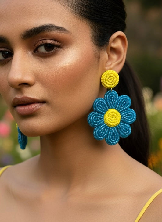 Forever-Blue Daisy Handmade Beaded Flower Earrings