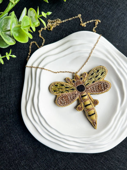 Gold-dusted Dragonfly Handmade Beaded Necklace