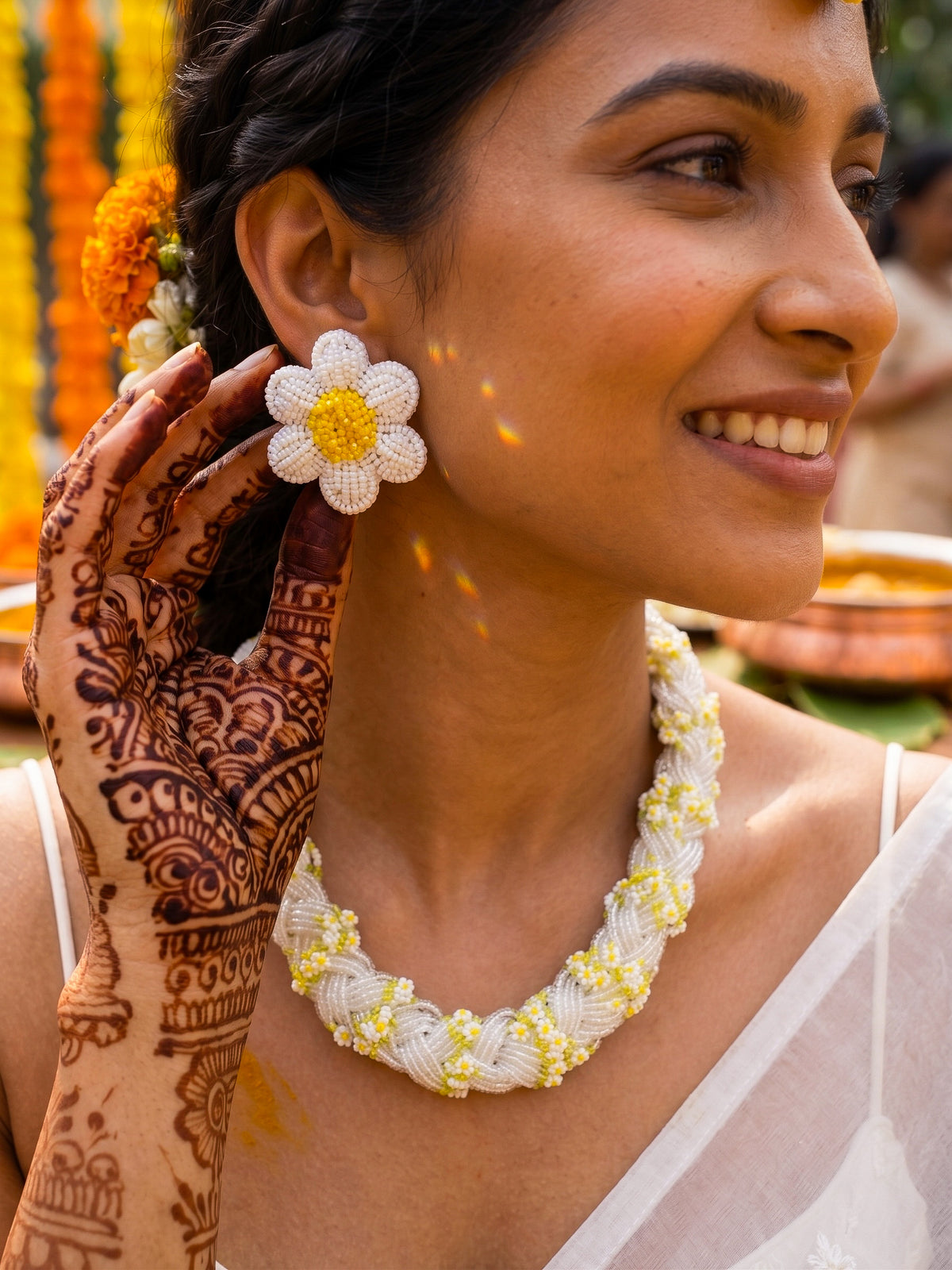 Luxe Flora Silver White Handmade Beaded Necklace + Earrings Set