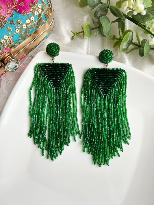 Luxe Emerald Handmade Beaded Tassel Earrings