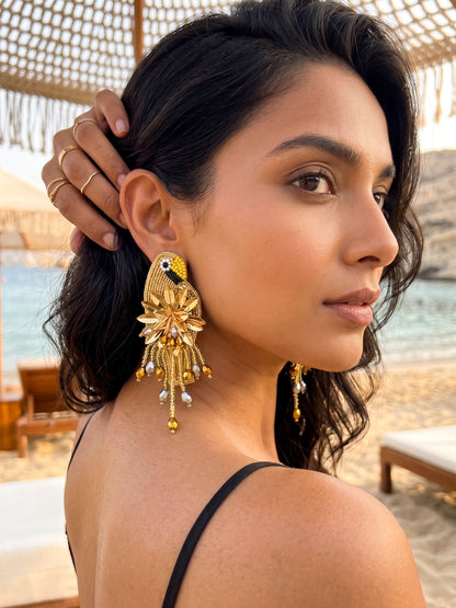 Luxe Paradise Golden Parrot Earrings Handmade Beaded Bird Earrings