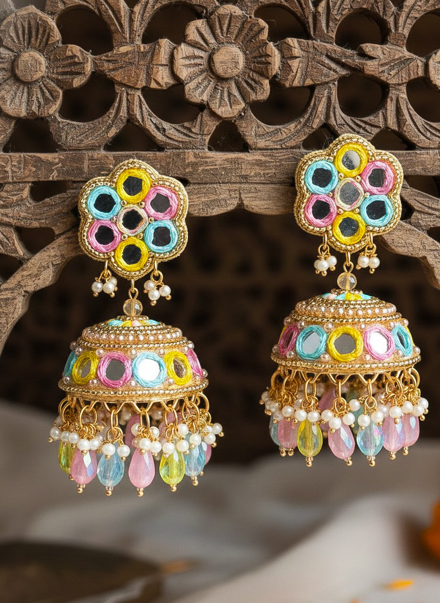 Phuljhadi Mirror Handmade Beaded Jhumka Earrings