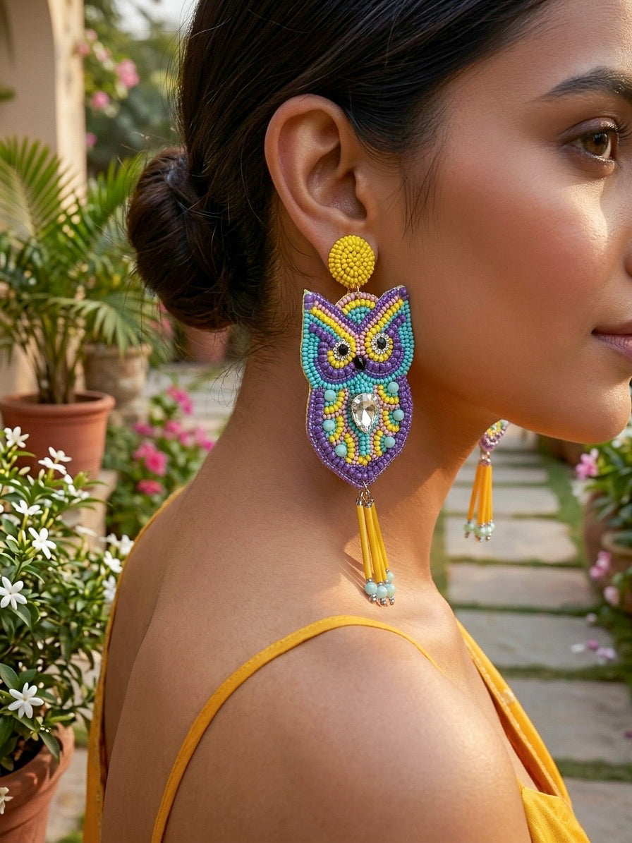 Chirpy Owl Yellow Handmade Beaded Bird Earrings