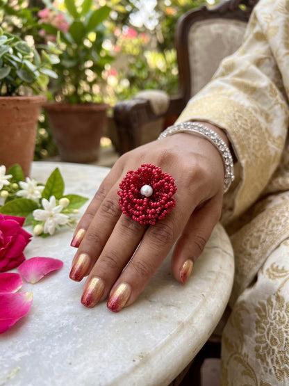 Crochet Deep Red 3D Rose Flower Handmade Beaded Ring
