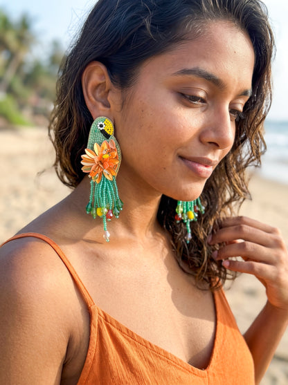 Luxe Paradise Teal Mint Lagoon Orange Parrot Handmade Beaded Bird Earrings