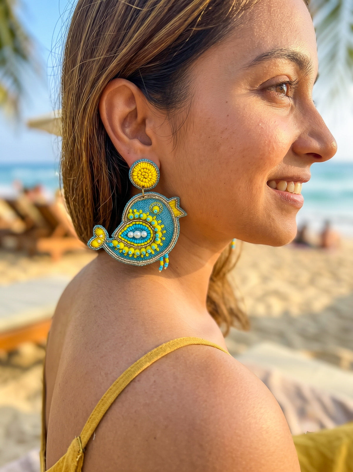 Chirpy Birdie Light Blue Yellow Handmade Beaded Earrings