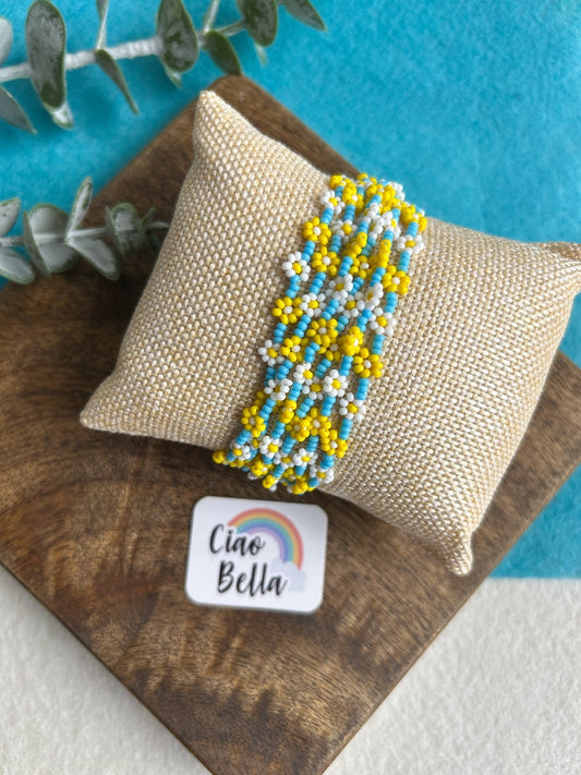 Spring Bloom Blue Yellow White Daisy Handmade Beaded Bracelet