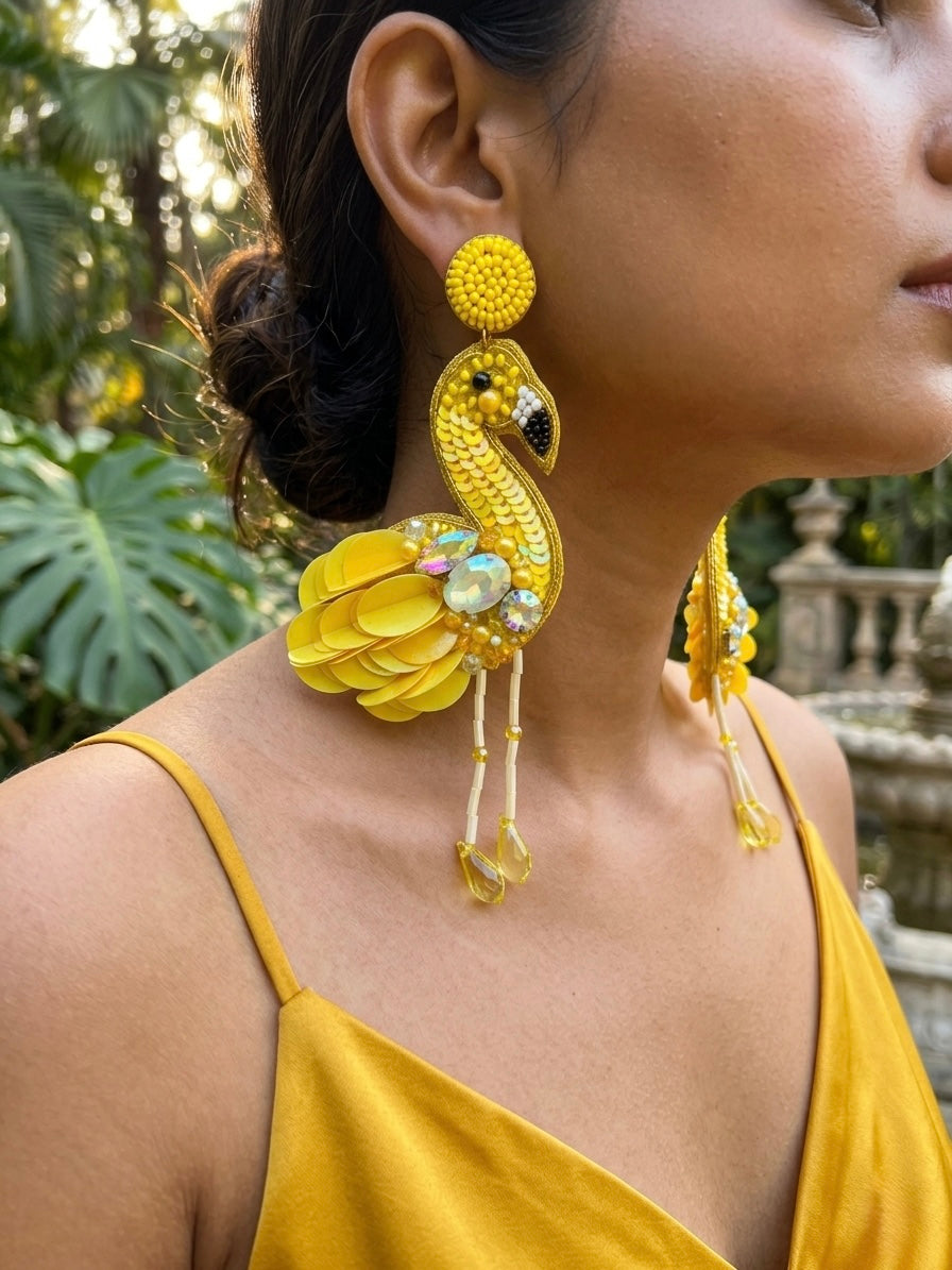 Flamazing Flamingo Yellow Handmade Beaded Bird Earrings