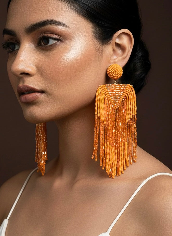 Luxe Sunset Orange Handmade Beaded Tassel Earrings