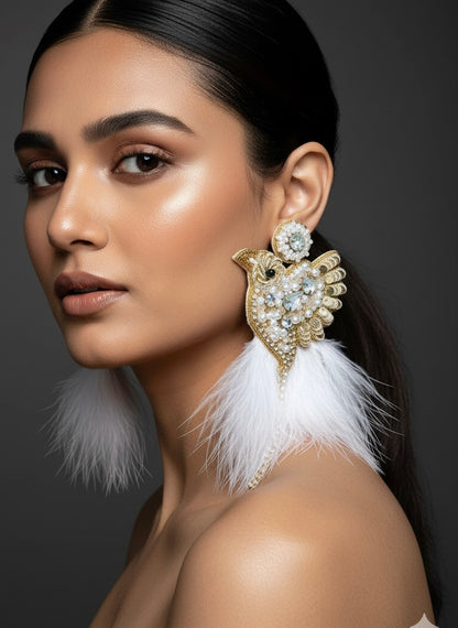 Glamorous Ivory Birdies Handmade Beaded Bird Earrings