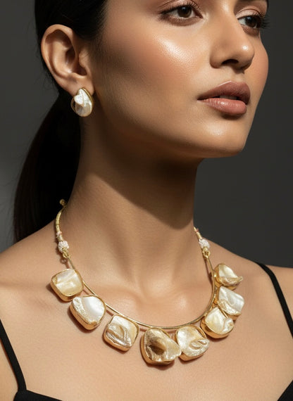 Baroque Pearl Handmade Brass Hasli Necklace Set