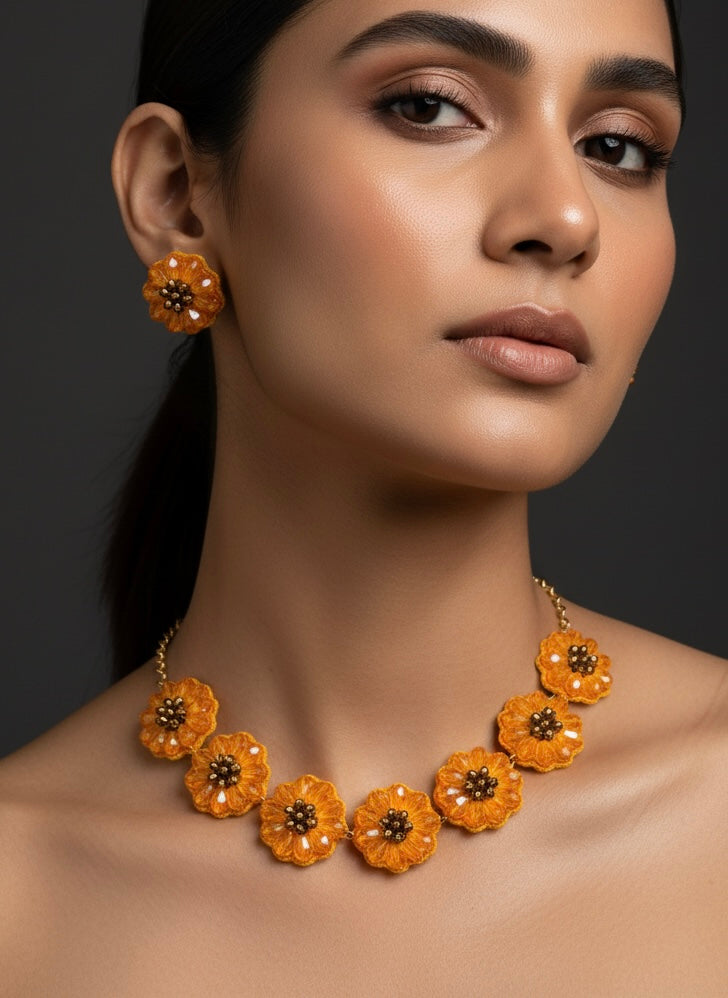 Sparkling Sunflower Handmade Beaded Necklace + Earrings Set