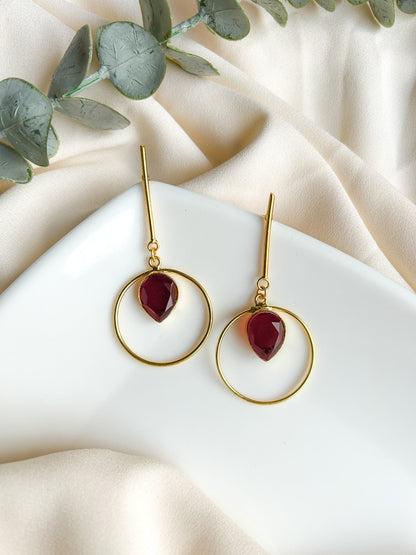 Deep Red Monalisa Teardrop Handmade Brass Earrings