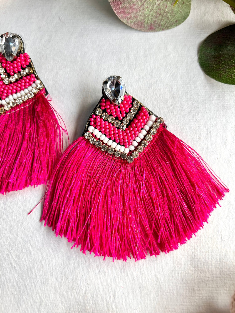 Hot Pink Handmade Beaded Tassel Earrings