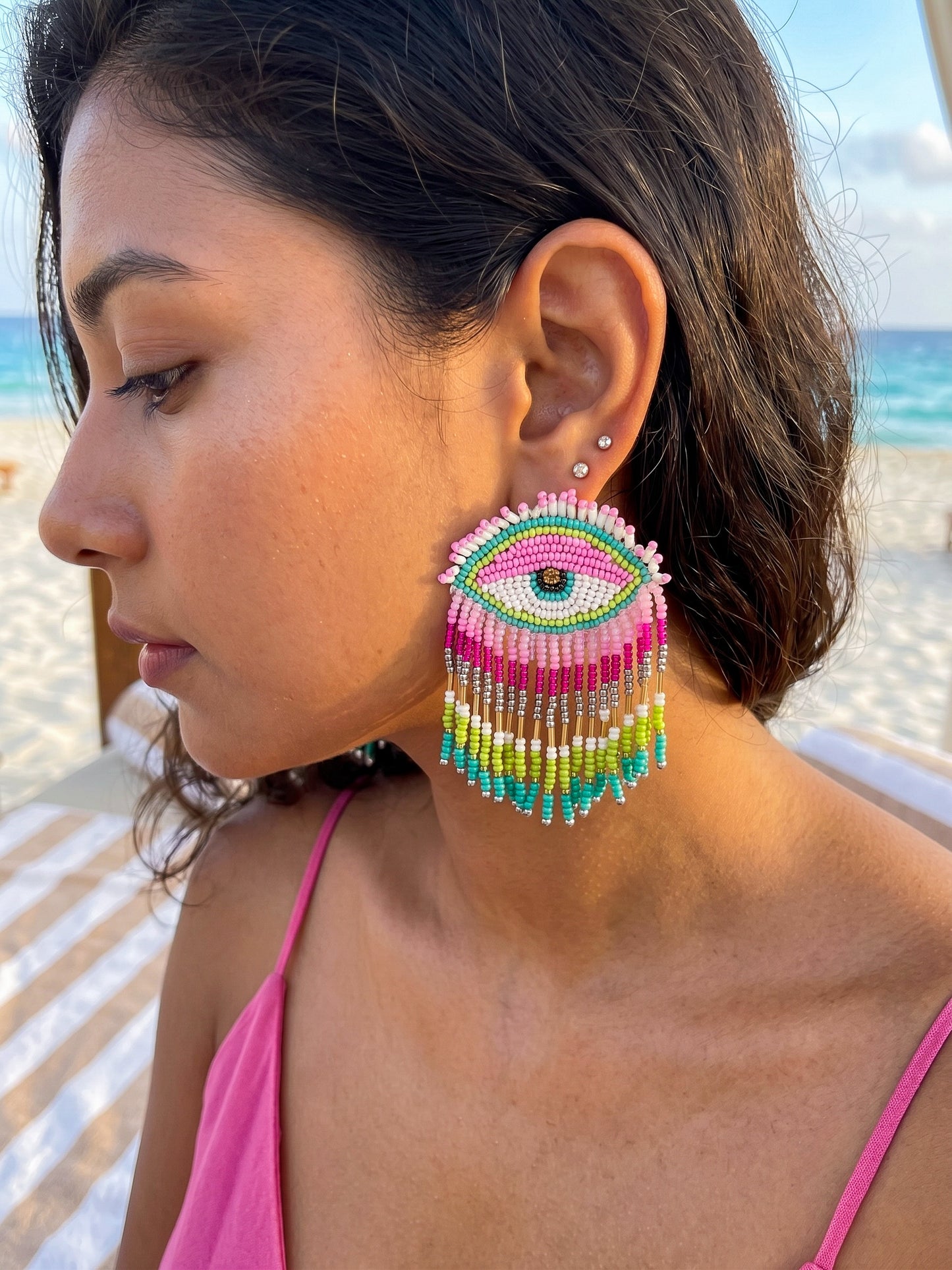 Cotton Candy Pink Evil Eye Handmade Beaded Tassel Earrings