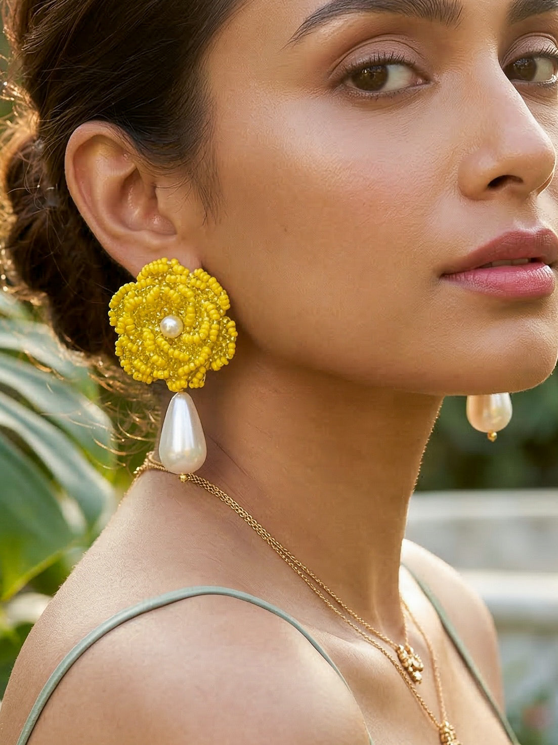 Crochet Yellow 3D Rose Pearl Drops Flower Handmade Beaded Earrings