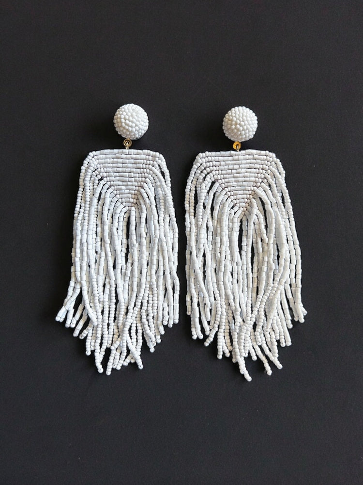 Luxe Snow White Handmade Beaded Tassel Earrings