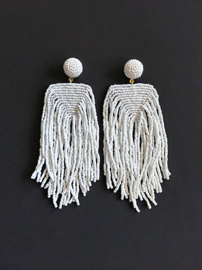 Luxe Snow White Handmade Beaded Tassel Earrings