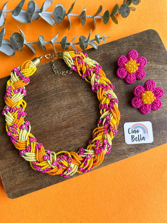 Luxe Flora Marigold Handmade Beaded Necklace + Earrings Set