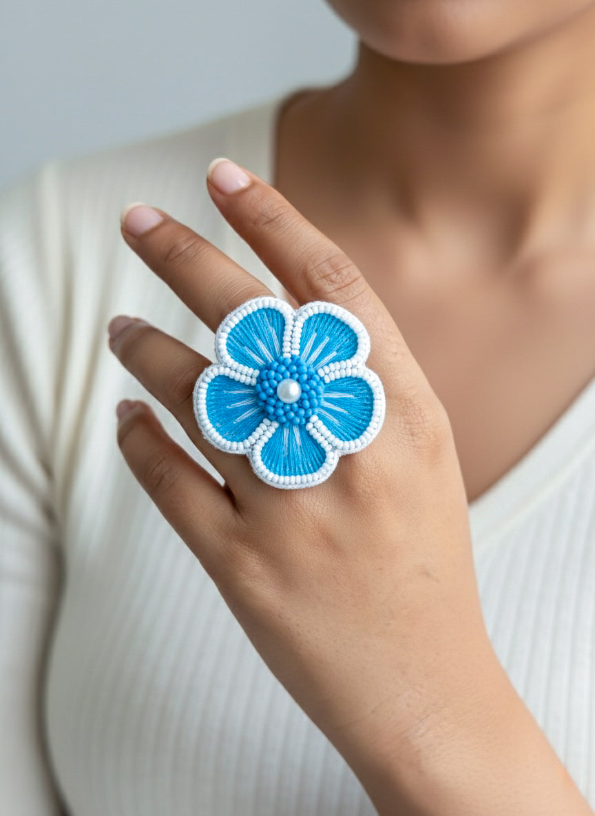 Cool Blue Blossom Handmade Beaded Ring