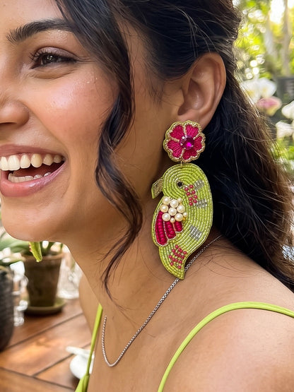 Blooming Birdie Lime Green Pink Handmade Beaded Earrings