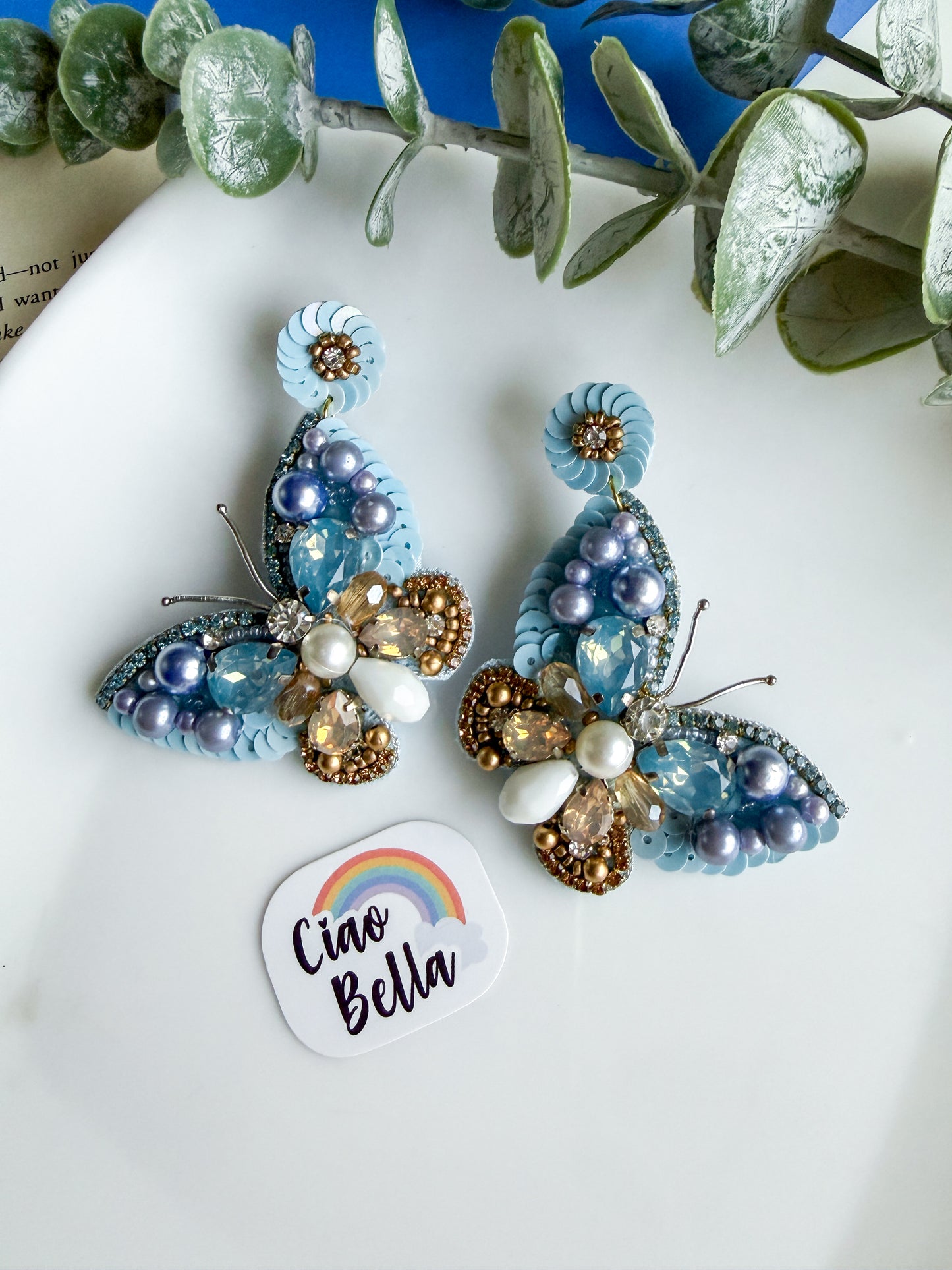 Luxe Crystal Blue Handmade Beaded Butterfly Earrings