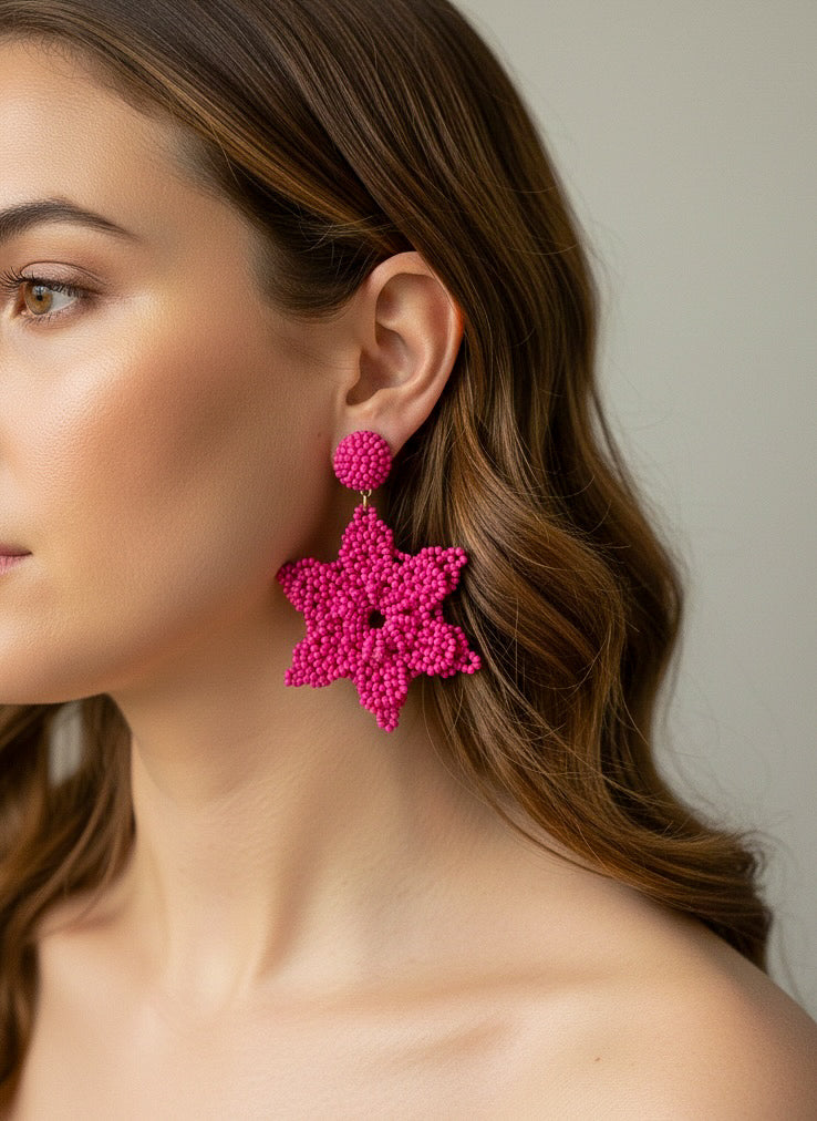 Fuchsia Delicate Snowflake Handmade Beaded Earrings
