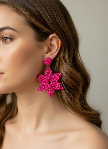 Fuchsia Delicate Snowflake Handmade Beaded Earrings