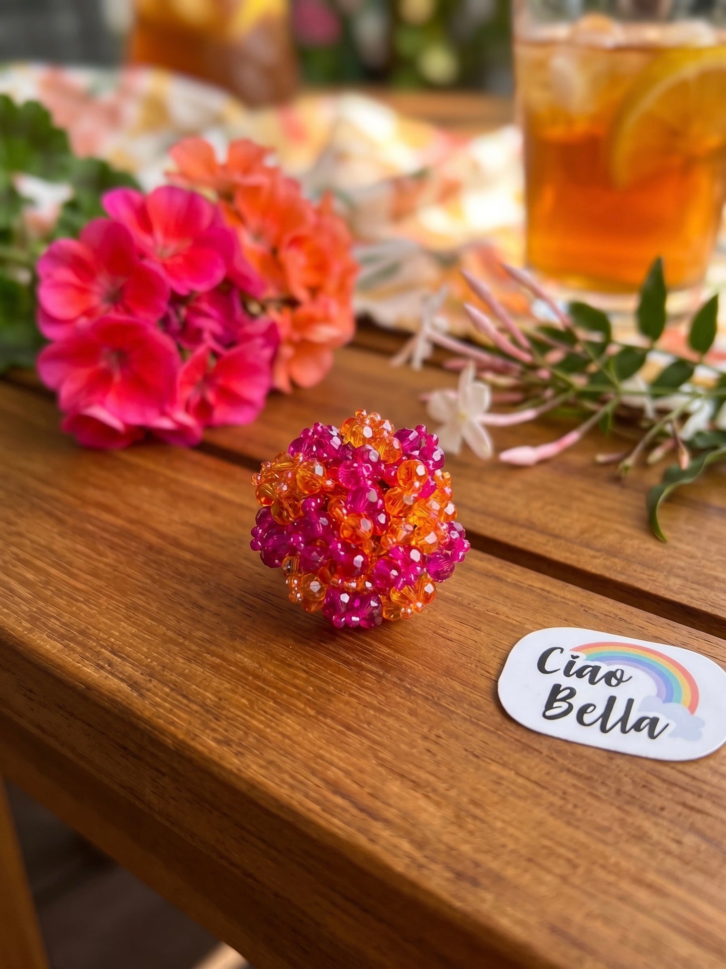 Gulnar Pink Orange Handmade Beaded Ring