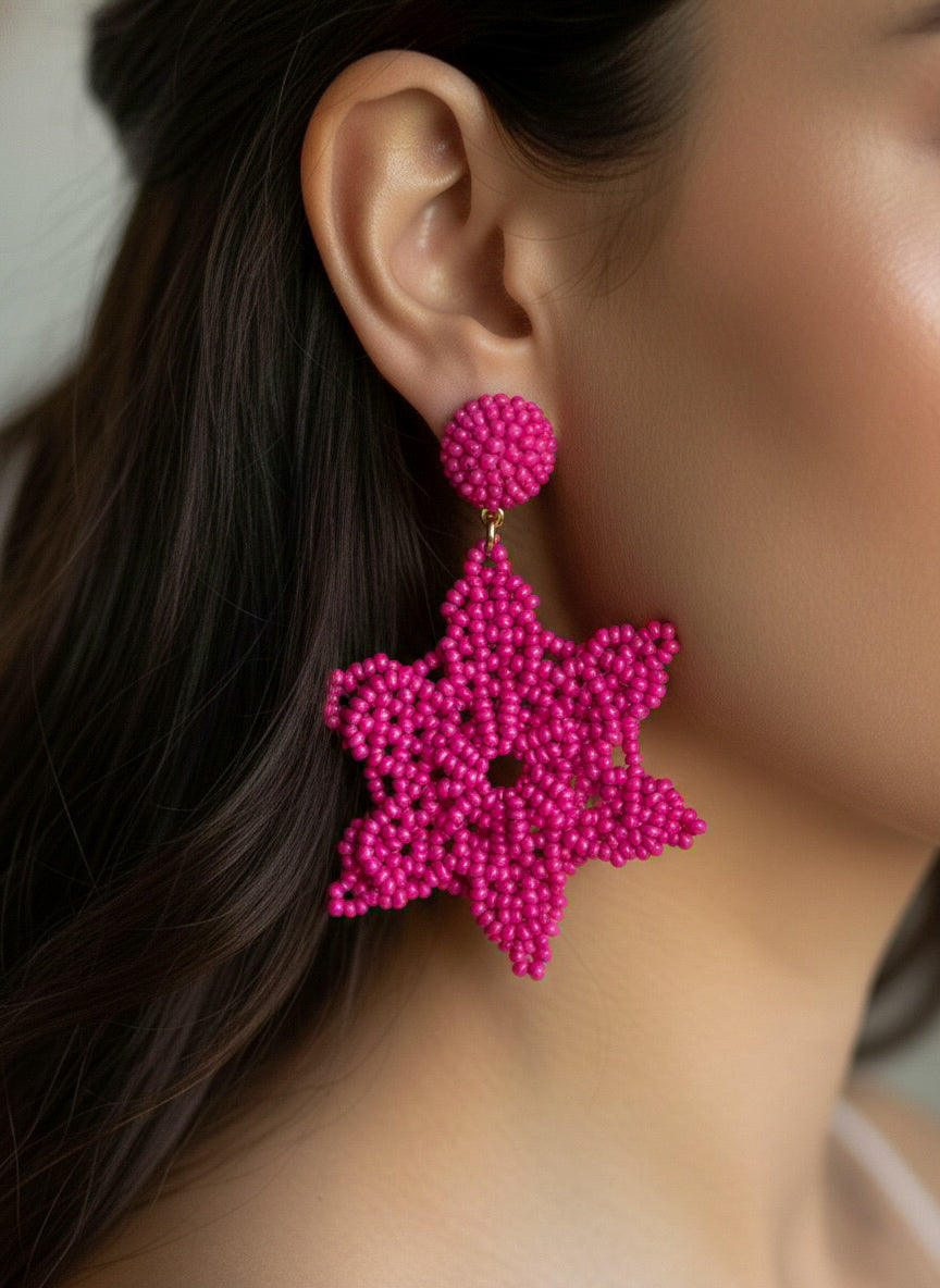 Fuchsia Delicate Snowflake Handmade Beaded Earrings