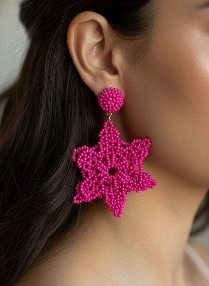 Fuchsia Delicate Snowflake Handmade Beaded Earrings
