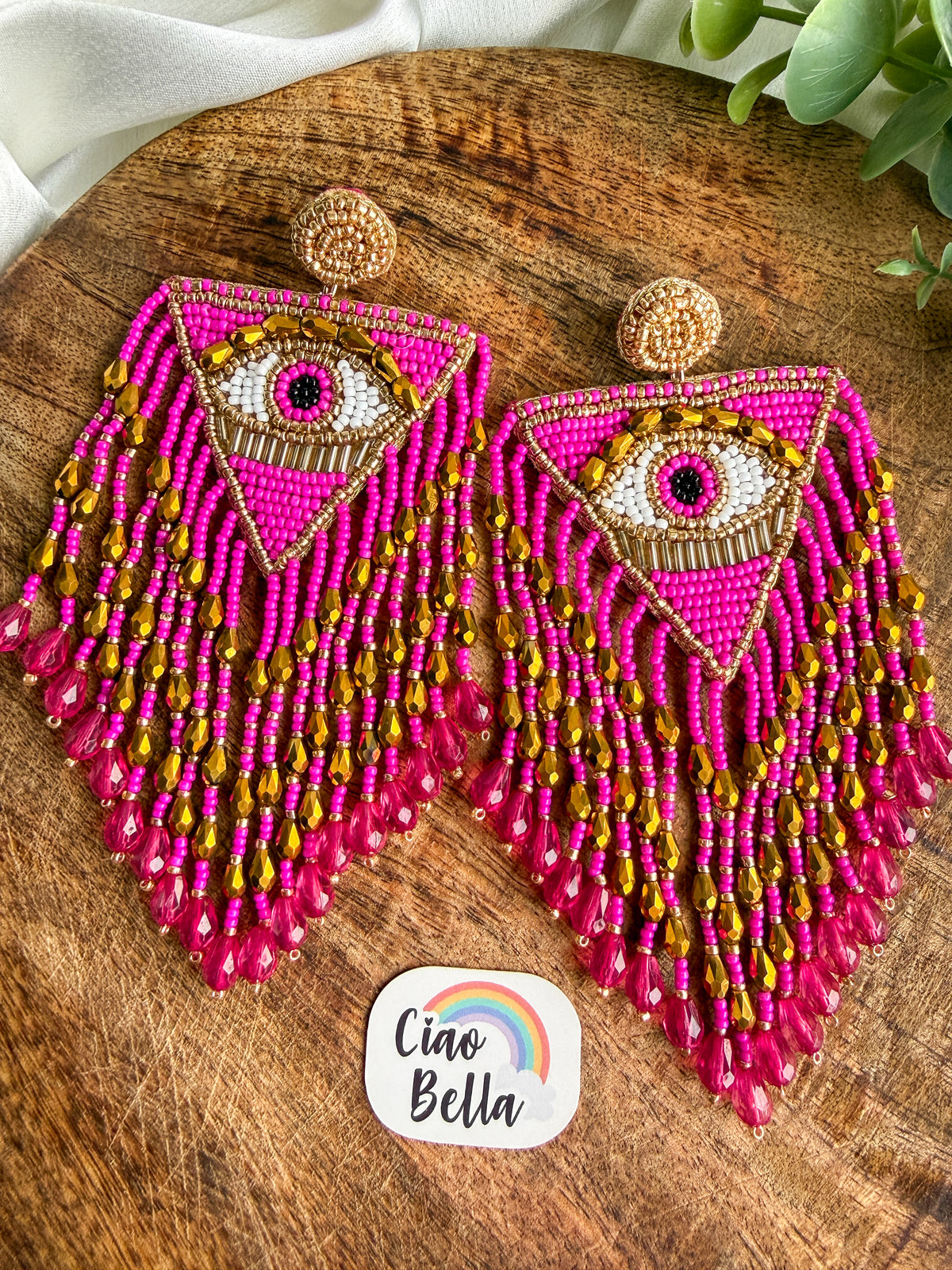 Luxe Evil Eye Hot Pink Handmade Beaded Tassel Earrings