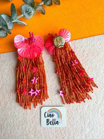 Sunset Pink Orange Star Flower Handmade Beaded Earrings