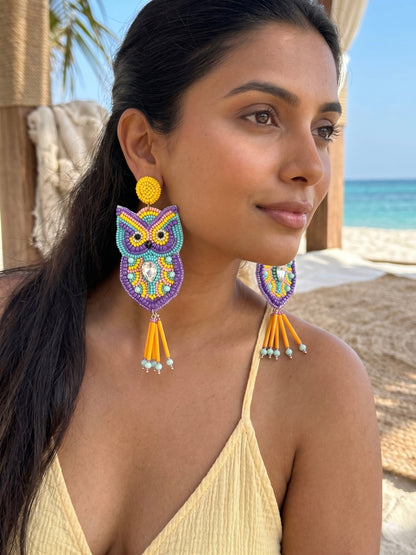 Chirpy Owl Yellow Handmade Beaded Bird Earrings