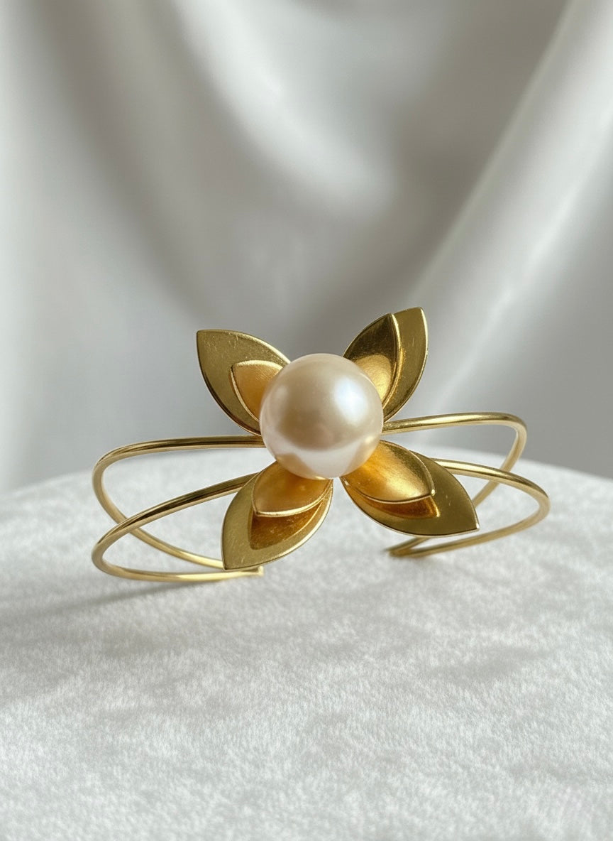 Pearl Flower Handmade Brass Cuff Bracelet