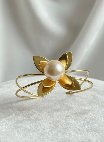 Pearl Flower Handmade Brass Cuff Bracelet
