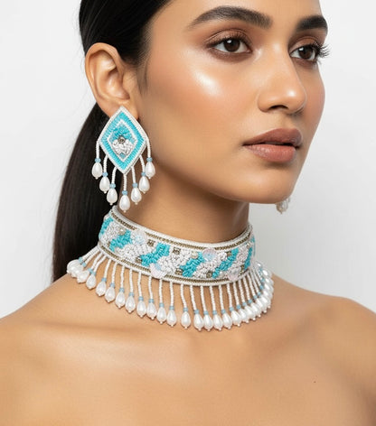 Aqua Blue Handmade Beaded Choker Set