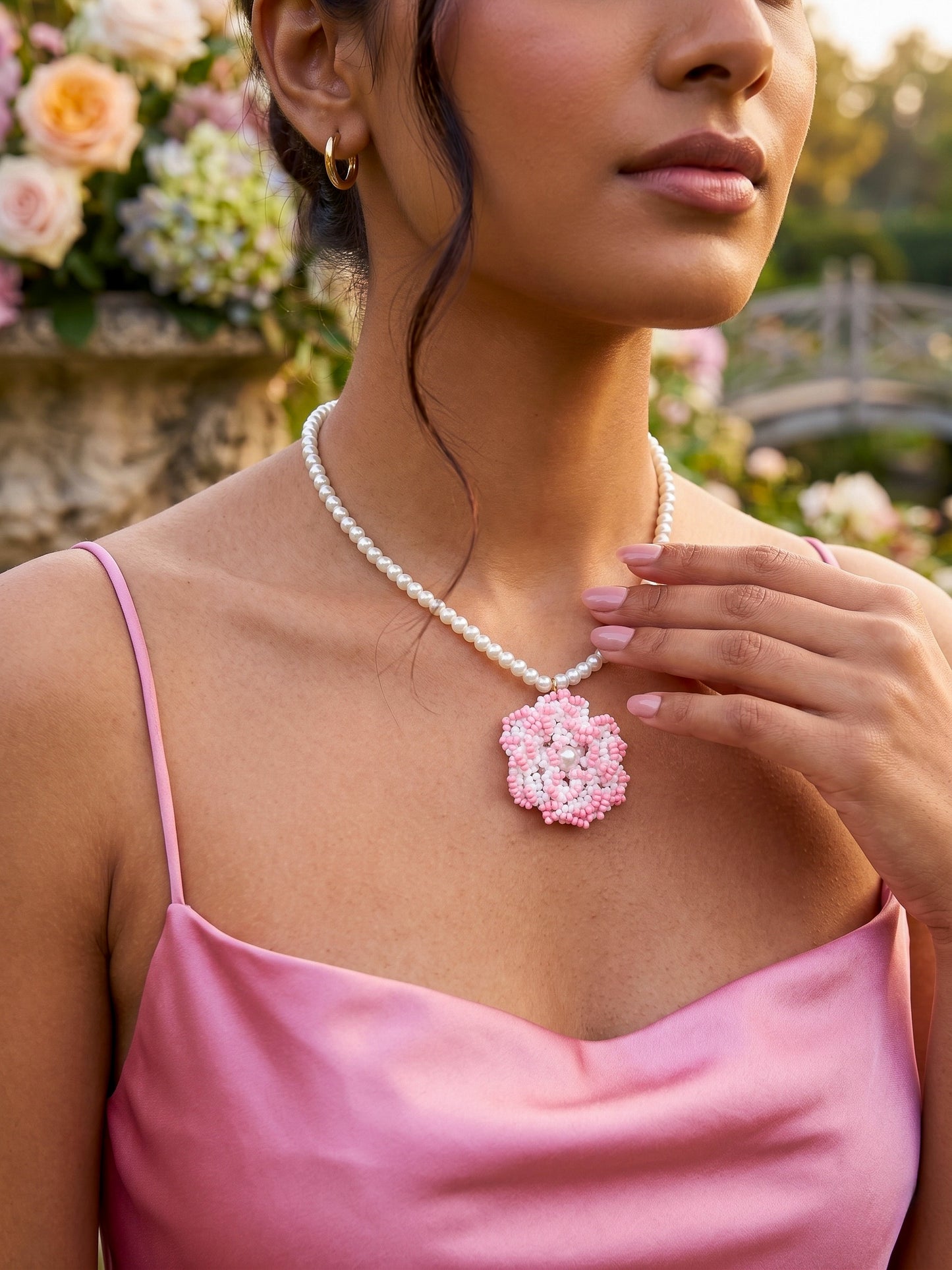 Crochet White Blush Pink 3D Rose Flower Handmade Beaded Necklace