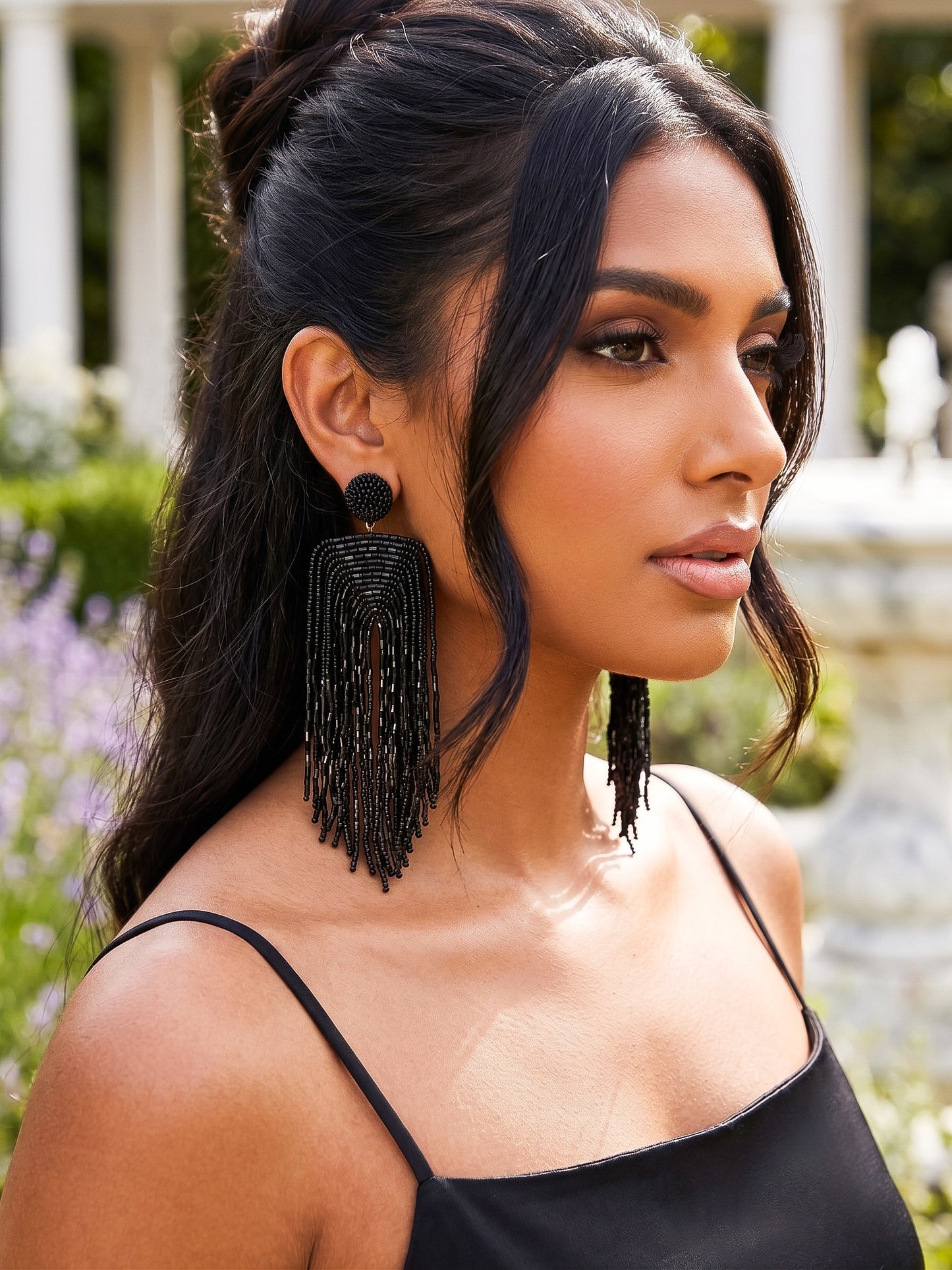 Luxe Midnight Black Handmade Beaded Tassel Earrings