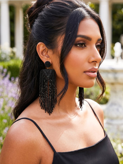Luxe Midnight Black Handmade Beaded Tassel Earrings