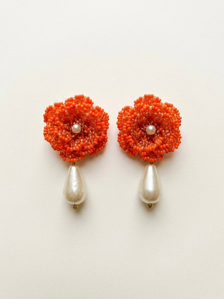 Crochet Orange 3D Rose Pearl Drops Flower Handmade Beaded Earrings